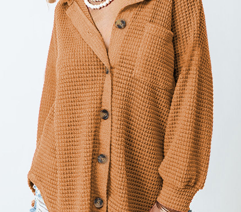 Waffle-Knit Collared Neck Long Sleeve Shirt