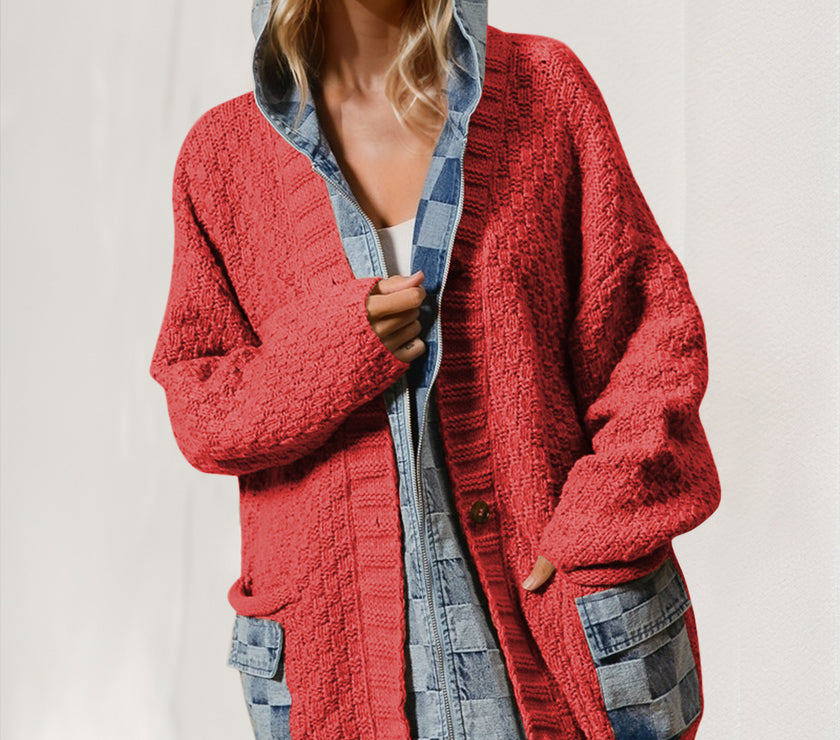 Double Take Full Size Hooded Denim Spliced Sweater Cardigan