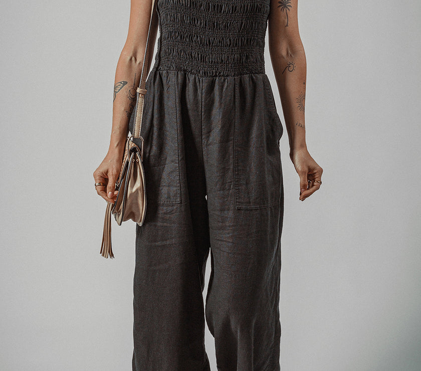 Black Spaghetti Straps Shirred Bodice Pocketed Wide Leg Jumpsuit