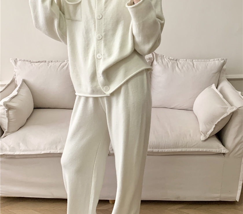 Pocketed Round Neck Button Up Cardigan and Pants Sweater Set