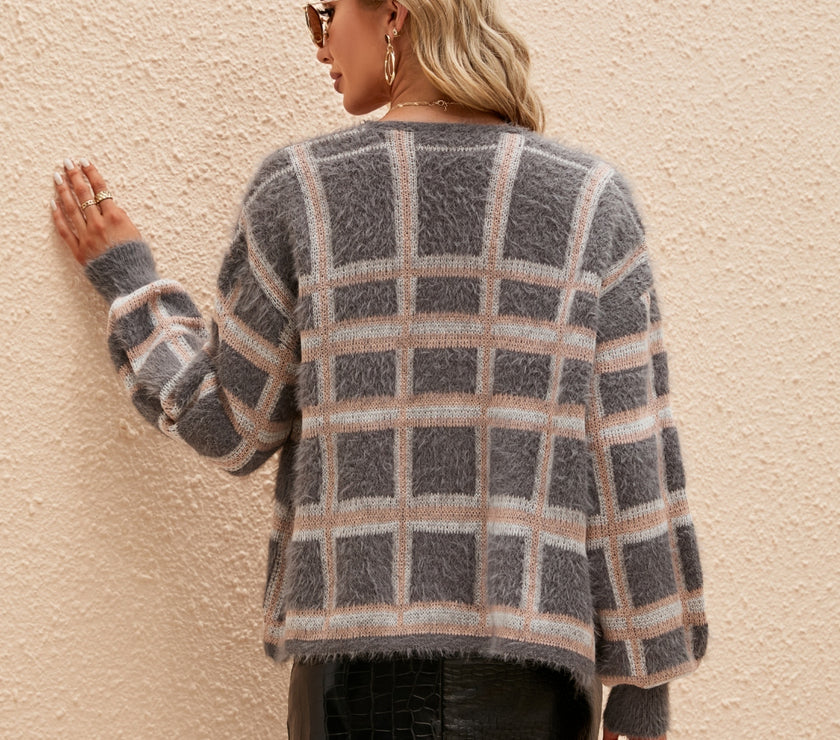 Open Front Plaid Long Sleeve Cardigan