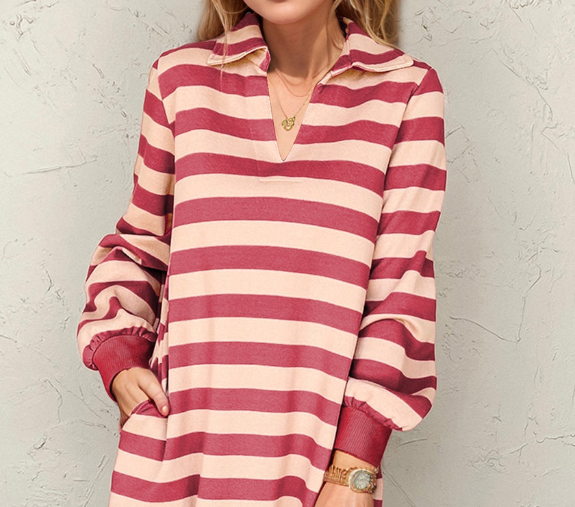 Double Take Full Size Striped Contrast Collared Neck Long Sleeve Dress