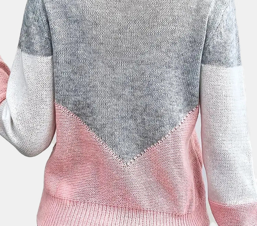 Openwork Contrast Round Neck Long Sleeve Knit Top