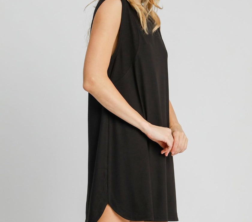 Umgee Round Neck Sleeveless High-Low Curved Hemline Mini Dress