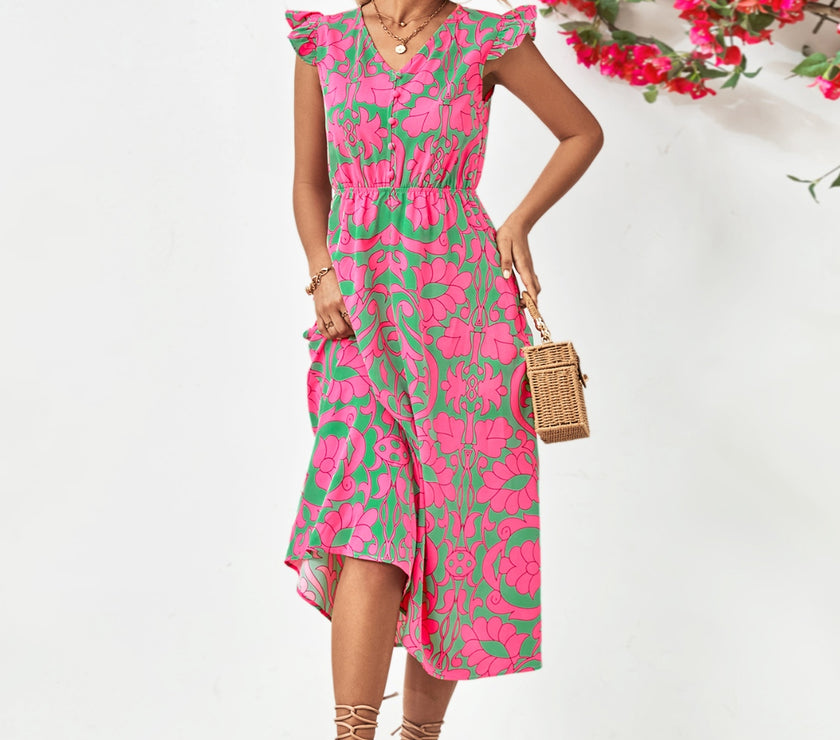 Printed V-Neck Cap Sleeve Dress