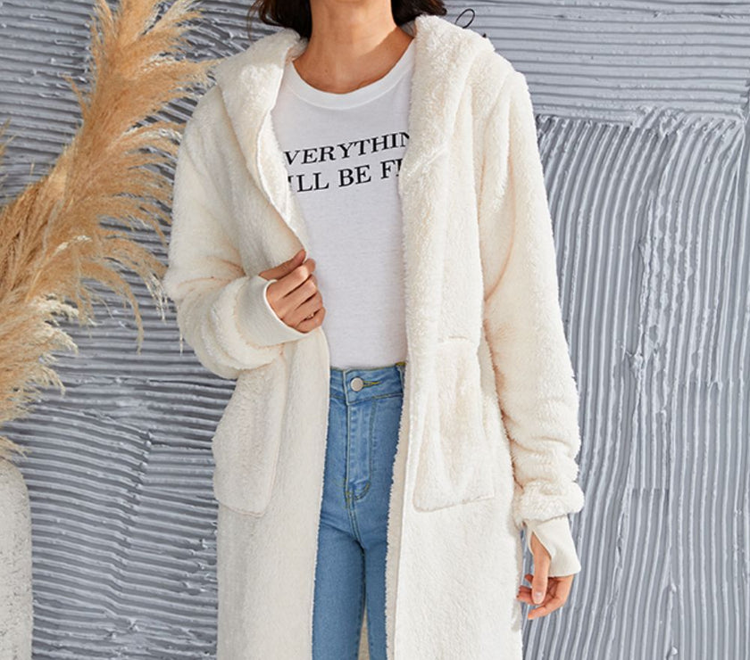 Double Take Full Size Hooded Teddy Bear Jacket with Thumbholes