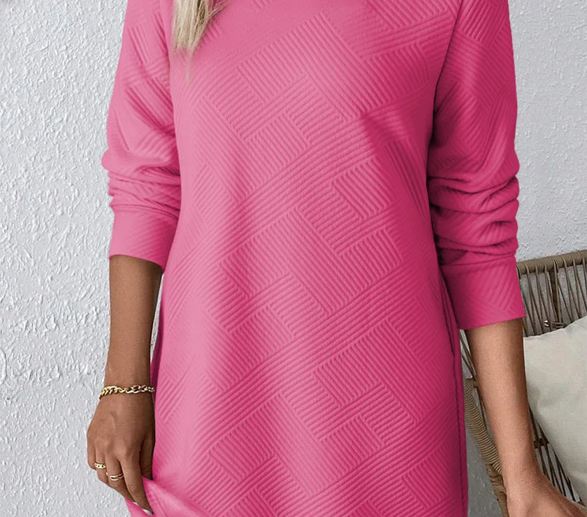 Textured Round Neck Long Sleeve Mini Dress