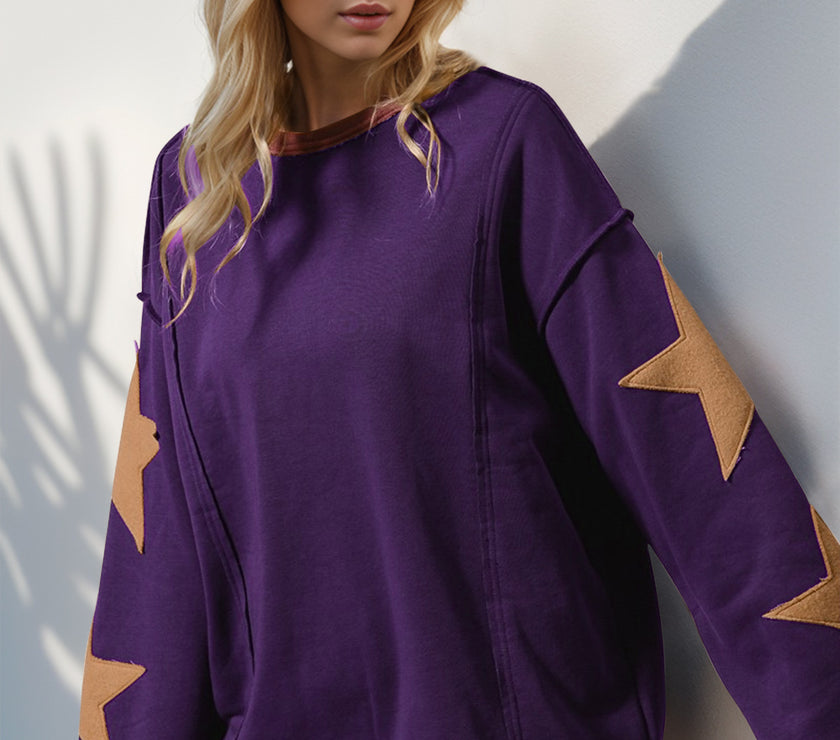 Double Take Star Patched Long Sleeve Sweatshirt