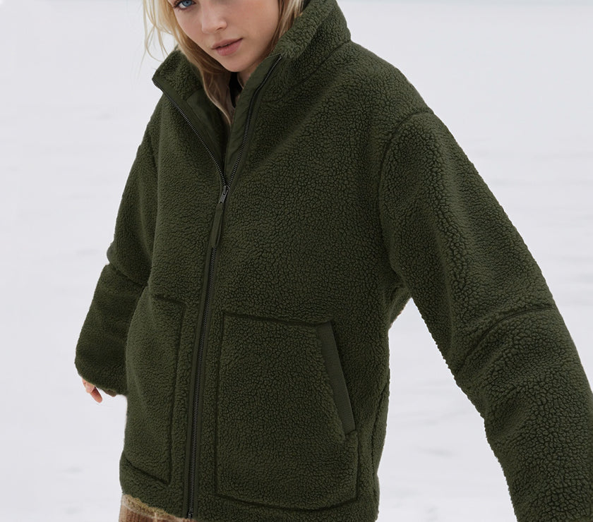 Turtleneck Zip Up Long Sleeve Plush Jacket