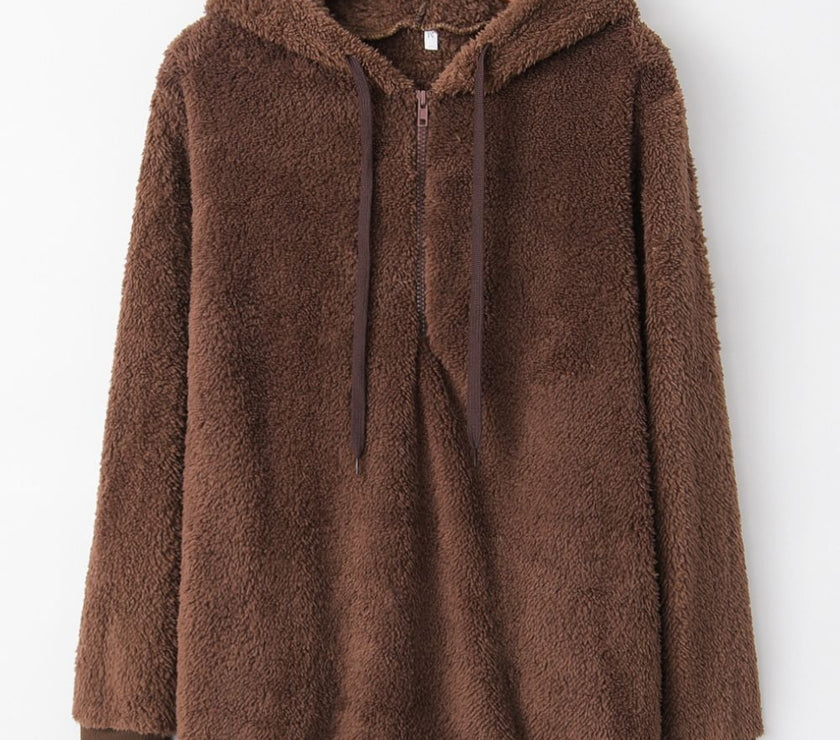 Full Size Quarter-Zip Drawstring Teddy Hoodie