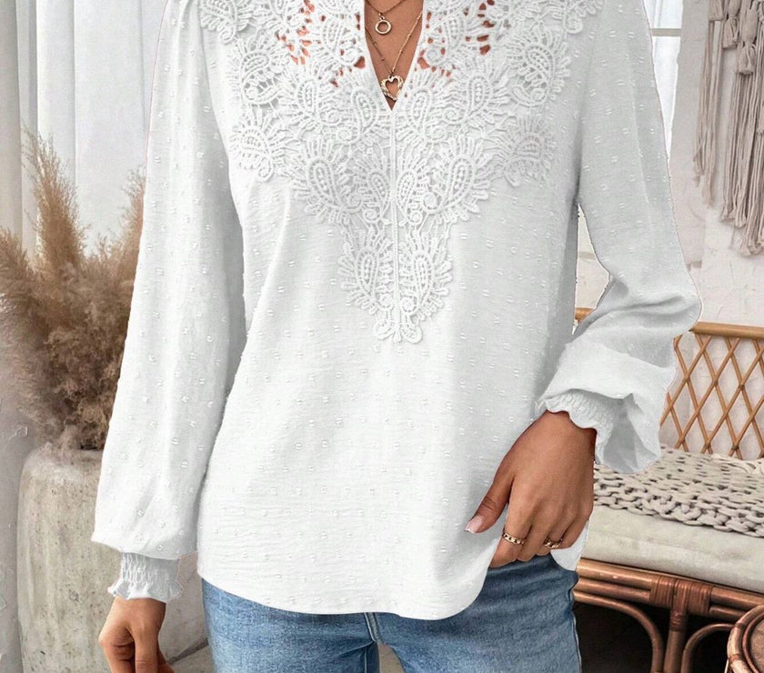 Swiss Dot Lace Detail Notched Long Sleeve Blouse