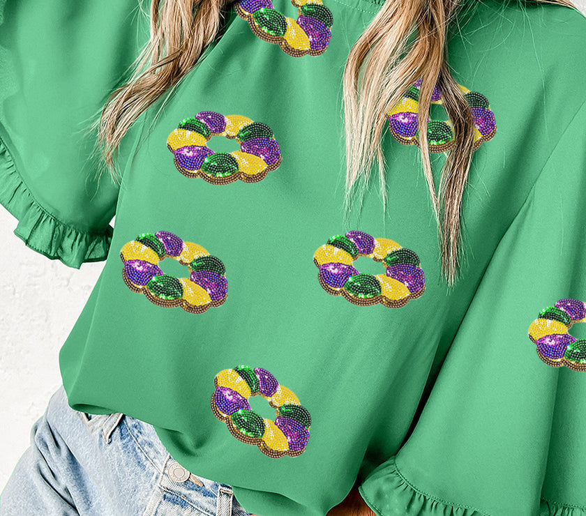 Green Sequin Doughnut Graphic Ruffled Trim Bell Sleeve Mardi Gras Blouse
