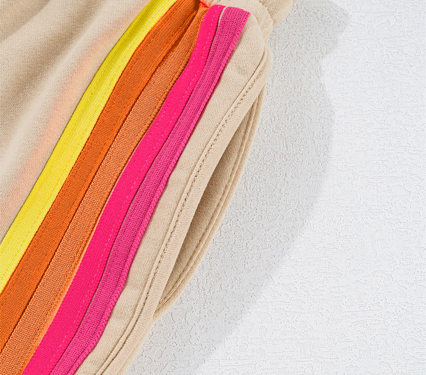 Apricot Striped Accent Pullover and Shorts Two Piece Casual Set