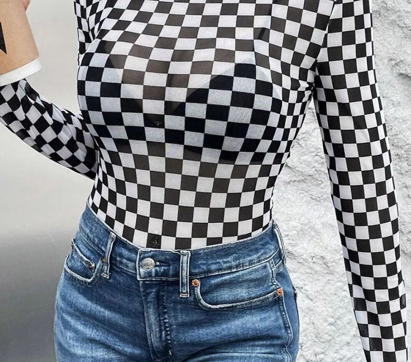 Checkered Turtleneck Long Sleeve Bodysuit