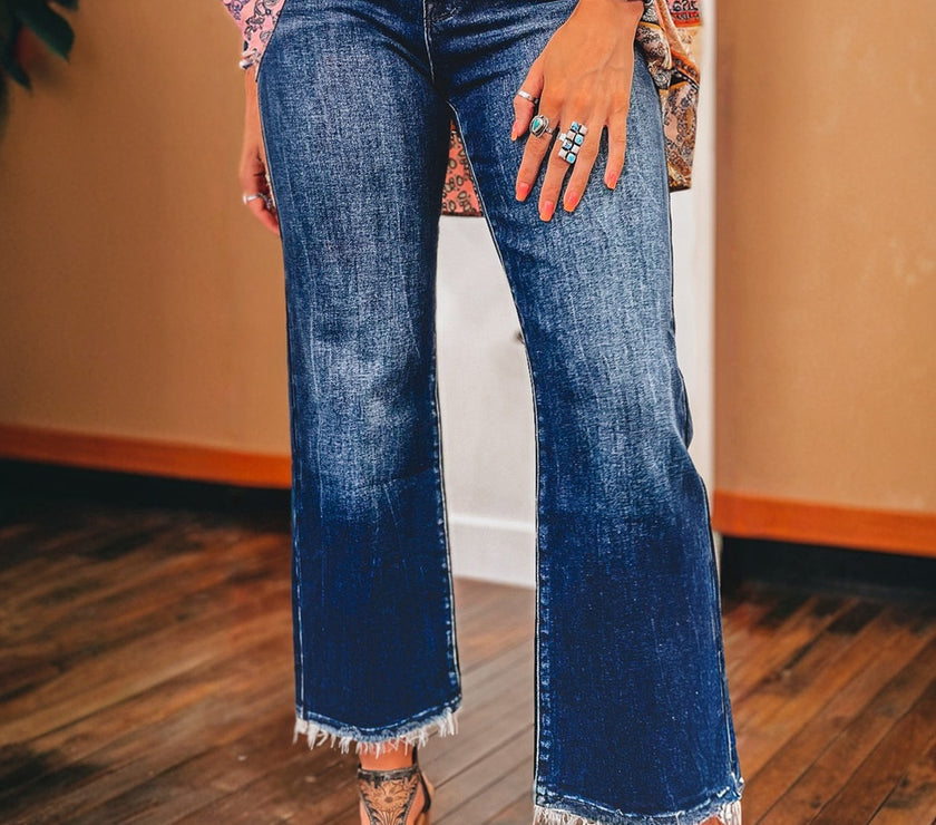 Sail Blue Mineral Wash Raw Hem High Waist Flared Jeans