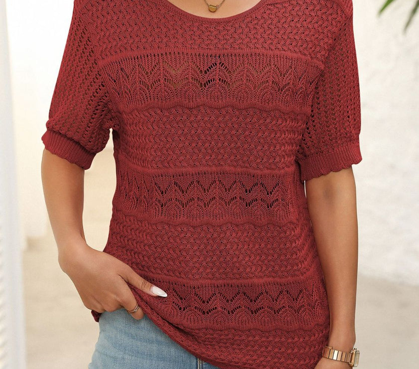 Mandy Openwork Round Neck Half Sleeve Knit Top