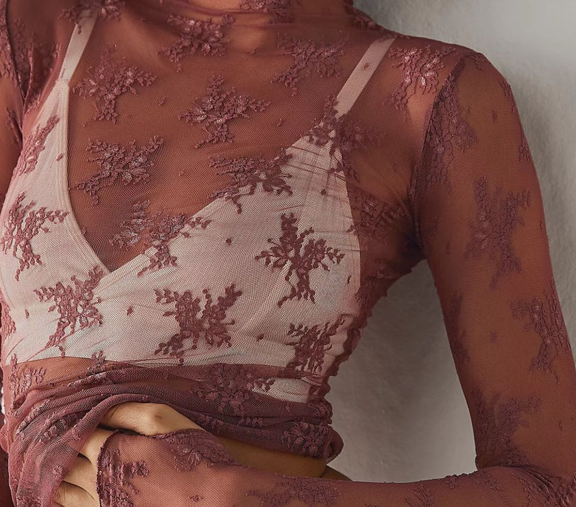 Lace Mock Neck Long Sleeve Blouse