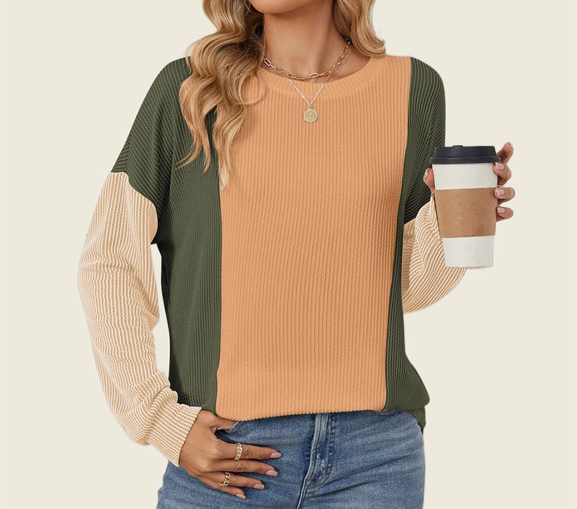 Double Take Texture Contrast Round Neck Long Sleeve T-Shirt