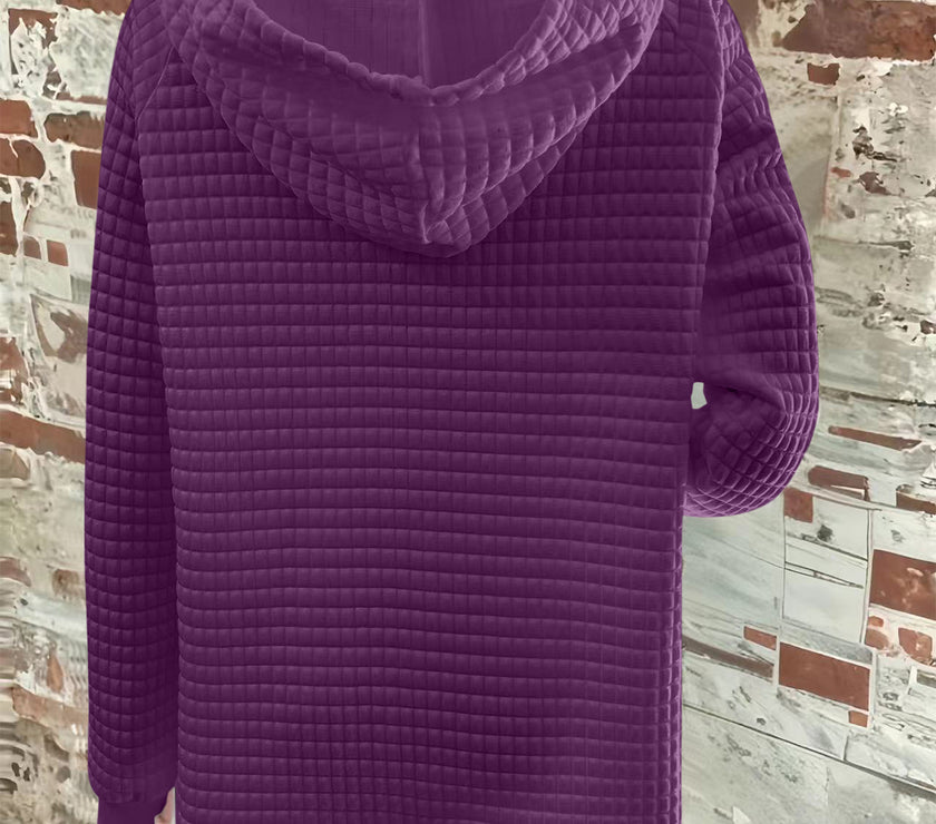 Full Size Texture Button Detail Drawstring Long Sleeve Hoodie