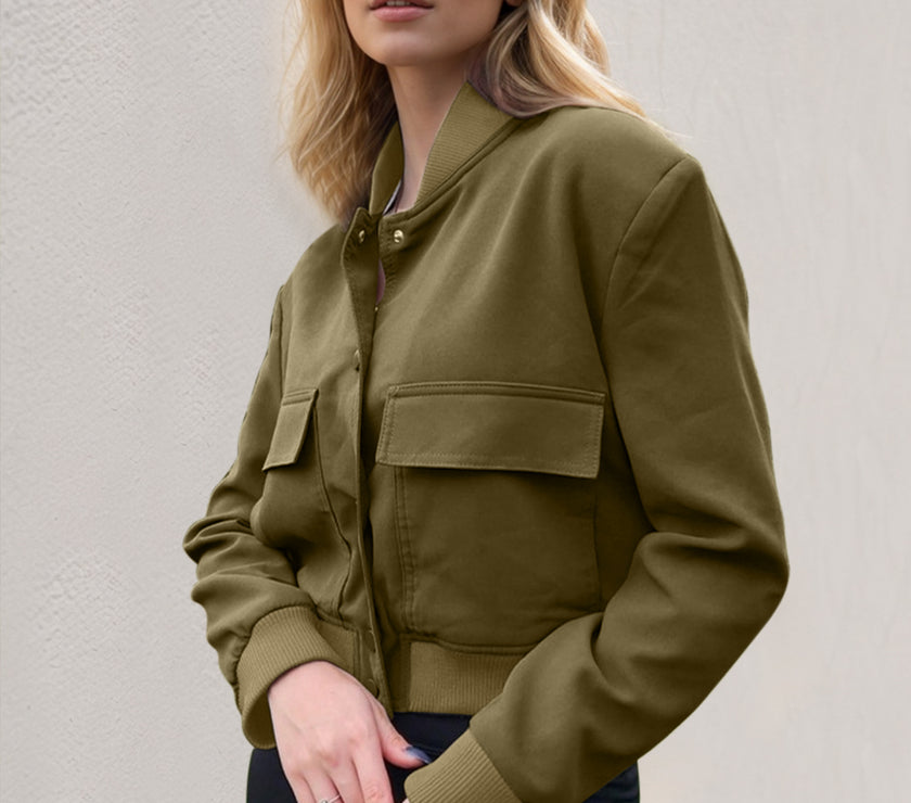 Pocketed Snap Down Baseball Collar Jacket