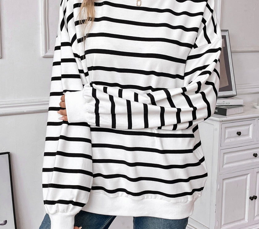 Lovelet Striped Round Neck Long Sleeve Sweatshirt