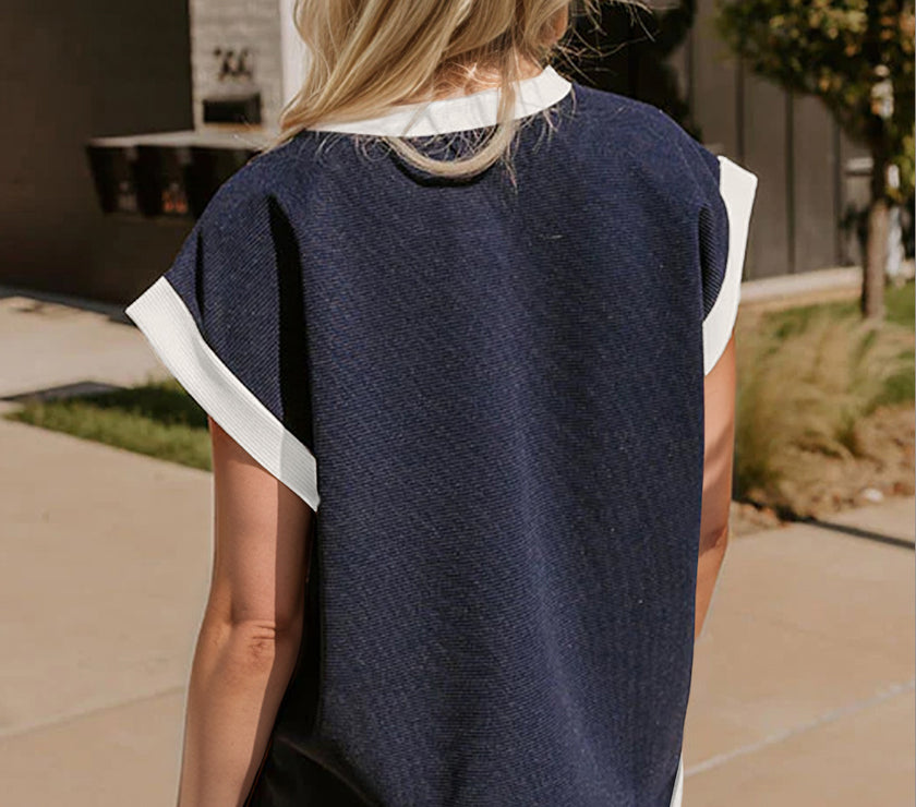 OH Texture Contrast Trim Round Neck Cap Sleeve Top and Pants Set