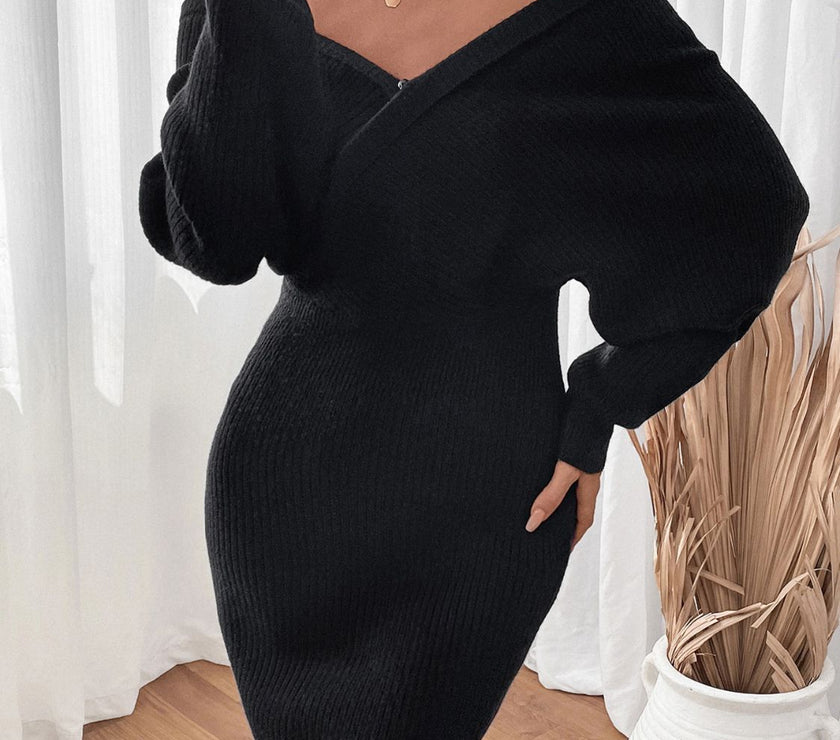 Perfee Surplice Long Sleeve Sweater Dress