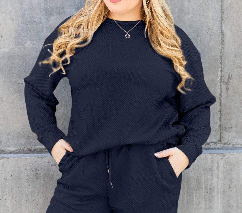 Double Take Full Size Texture Long Sleeve Top and Drawstring Shorts Set