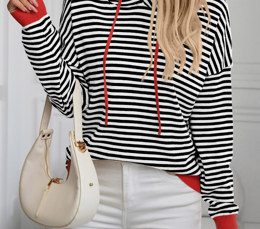 Mandy Striped Long Sleeve Hooded Knit Top