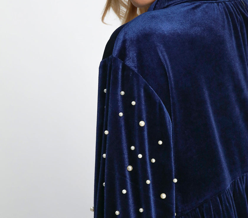 Umgee Pearl Detail Collared Neck Velvet Babydoll Blouse