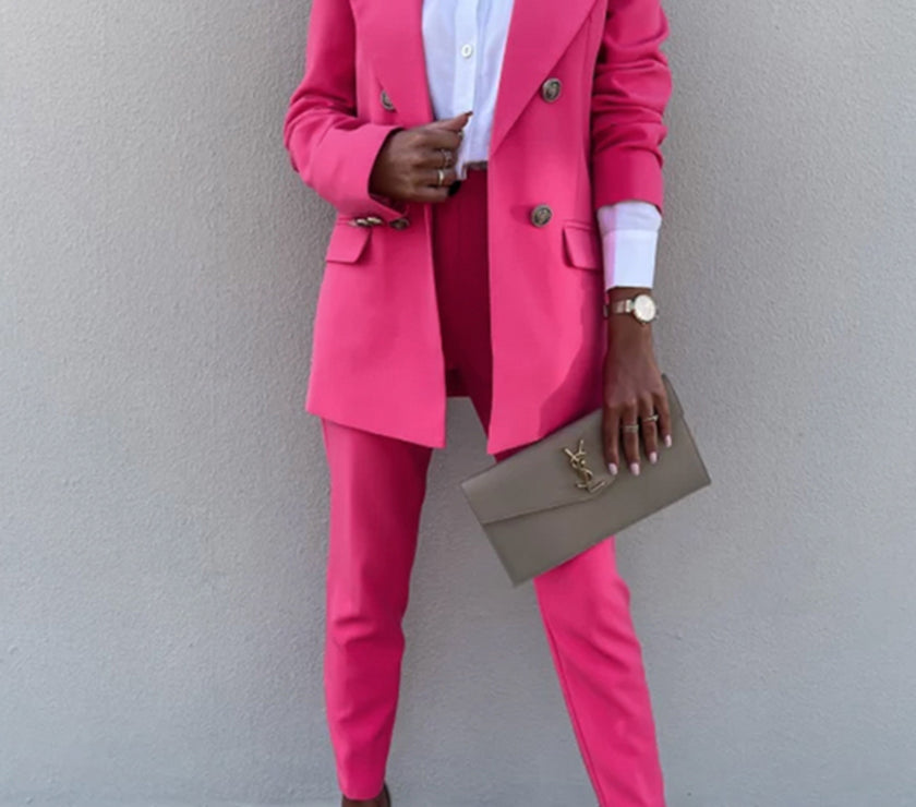 Lapel Collar Long Sleeve Blazer and Pants Set