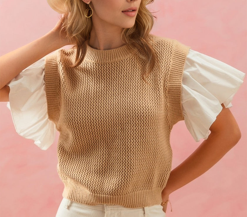 Oh Full Size Ruffled Round Neck Short Sleeve Sweater