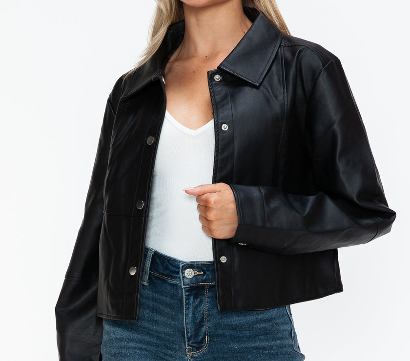 Snobbish Snap Down Long Sleeve PU Leather Jacket