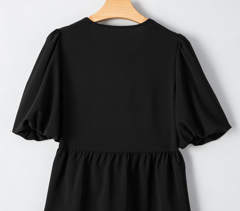 Black Puff Sleeve Bowknot Front Peplum Blouse