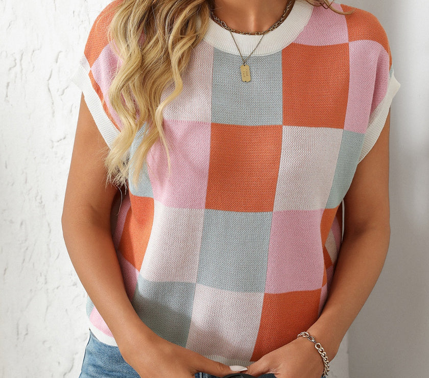 Mandy Checkered Round Neck Cap Sleeve Knit Top