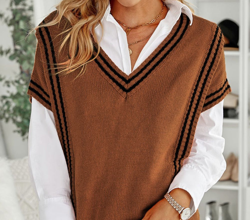 Striped Trim V-Neck Sweater Vest
