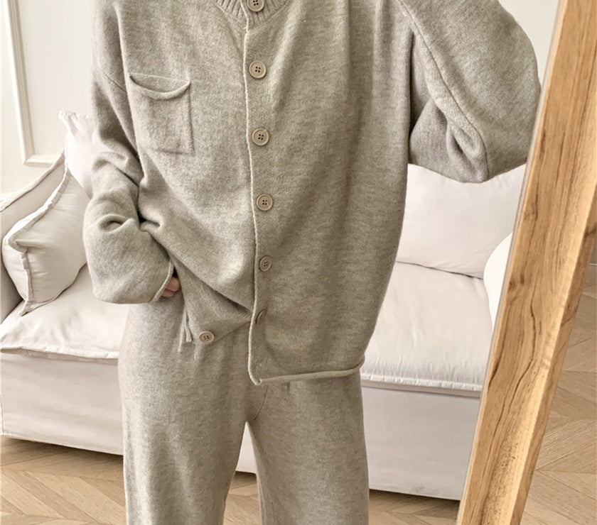 Pocketed Round Neck Button Up Cardigan and Pants Sweater Set