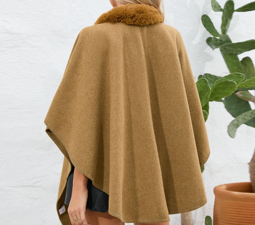 Fuzzy Trim Open Front Poncho