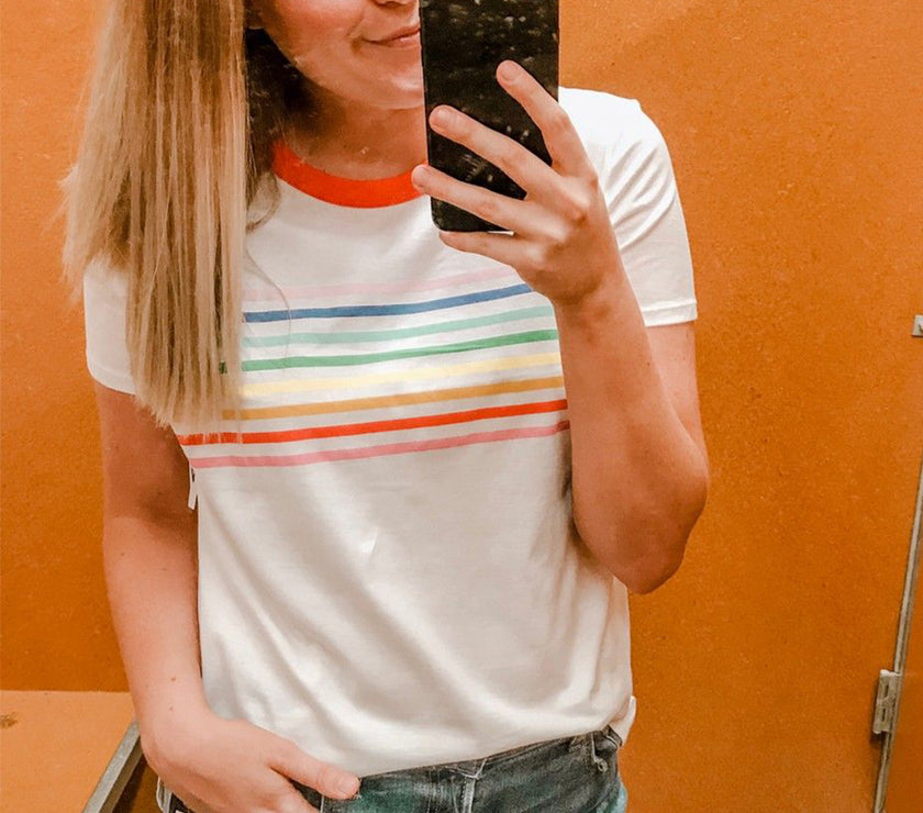 White Rainbow Stripe Print Contrast Crewneck T Shirt
