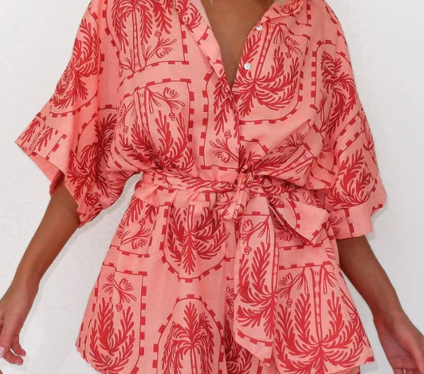 Printed Tie Waist Half Sleeve Romper