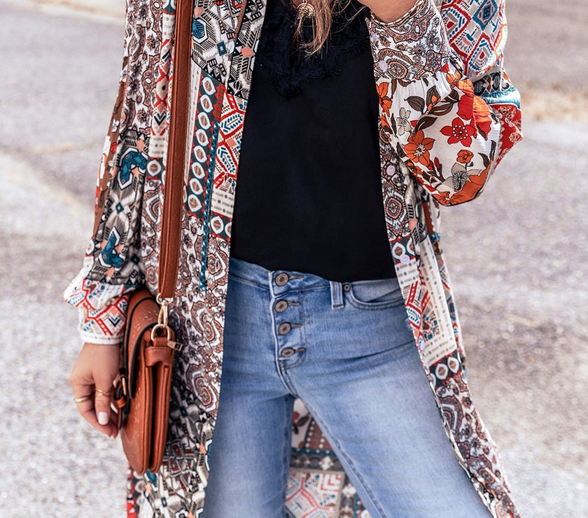 Printed Open Front Collared Neck Cardigan