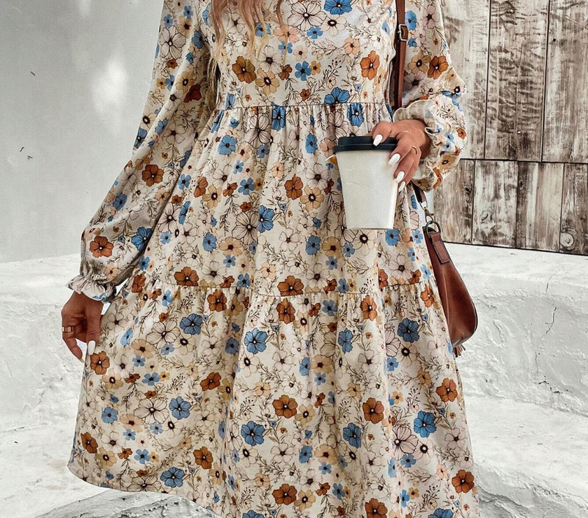 Tiered Floral Round Neck Long Sleeve Dress