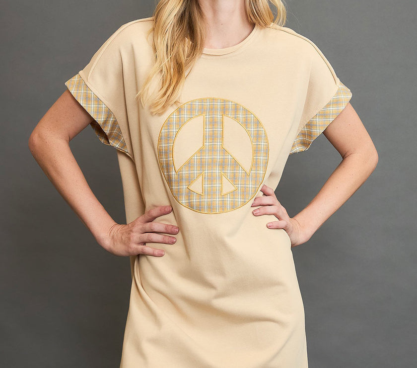 Umgee Peace Plaid Applique Short Sleeve Mini Dress