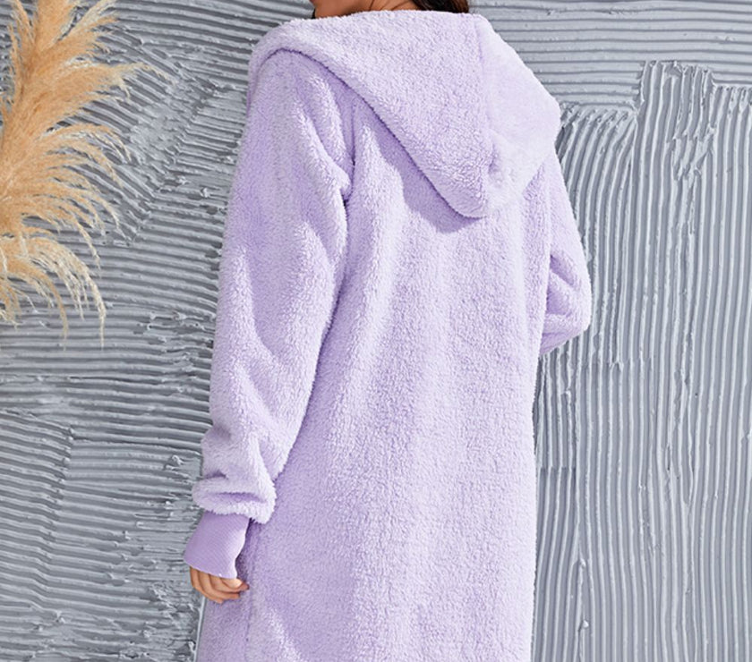 Double Take Full Size Hooded Teddy Bear Jacket with Thumbholes