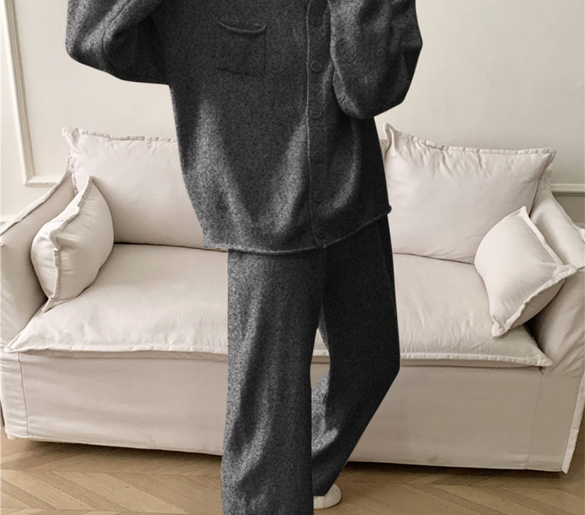 Pocketed Round Neck Button Up Cardigan and Pants Sweater Set