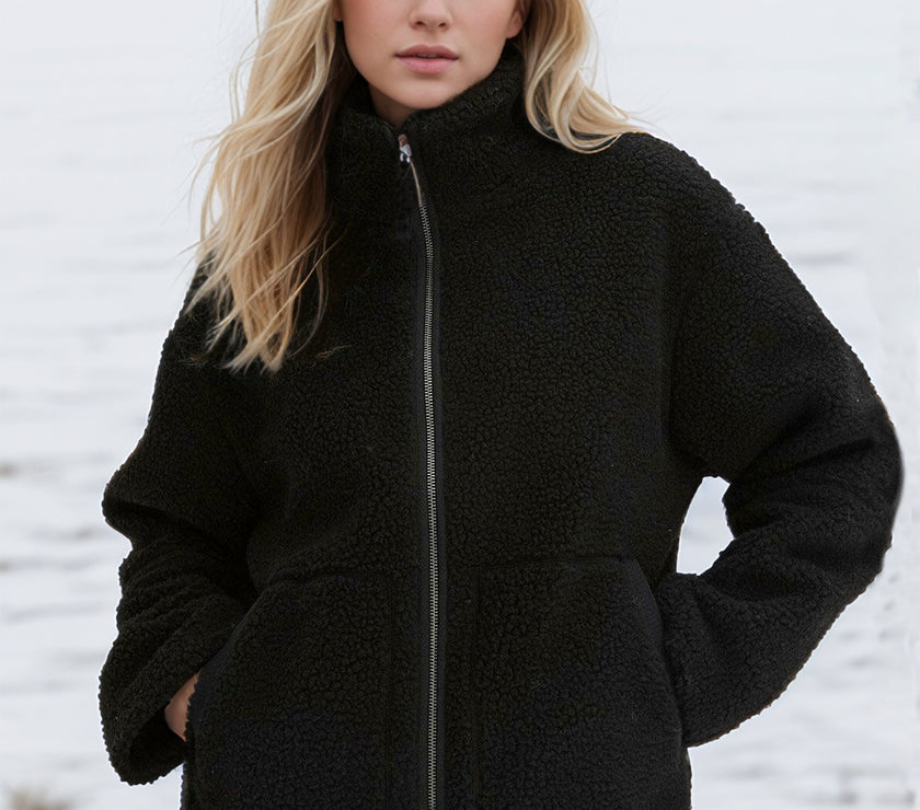 Turtleneck Zip Up Long Sleeve Plush Jacket