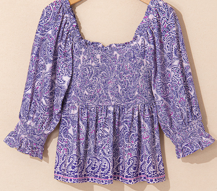Purple Boho Paisley Print Half Sleeve Shirred Peplum Blouse