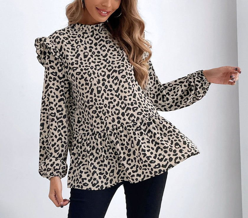 Ruffled Leopard Mock Neck Long Sleeve Blouse