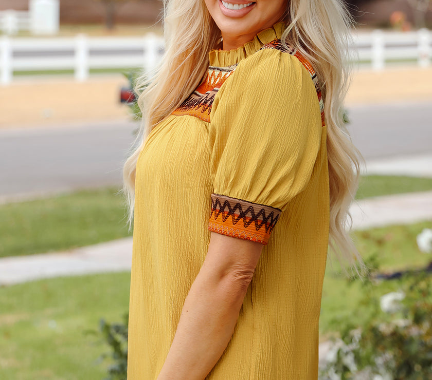 Mustard Geometric Short Puff Sleeve Frilled Collar Blouse