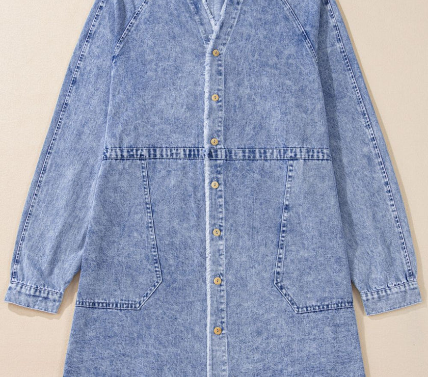 Raw Hem Button Down Long Sleeve Denim Dress